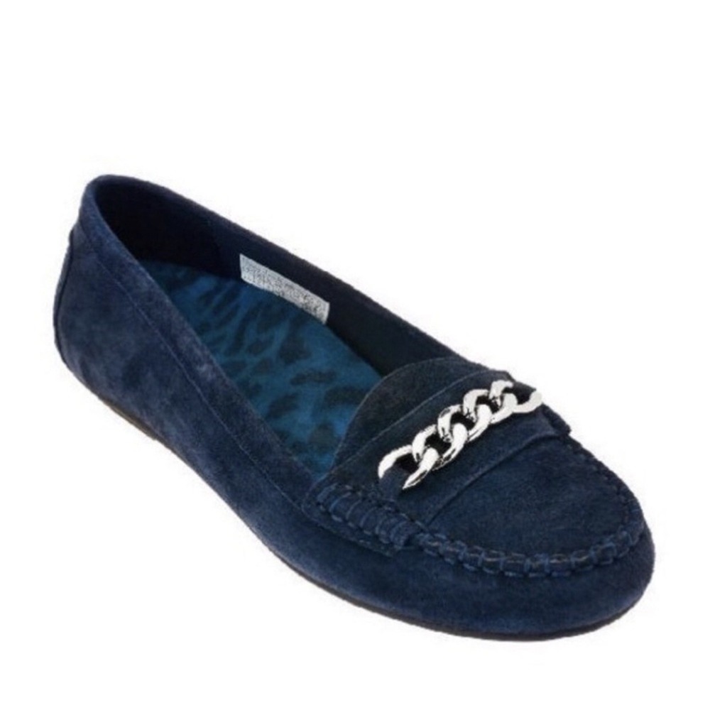 NWT Vionic Womens Mesa 356 Navy Suede Silver Chain Career Comfort Loafers Sz 7
